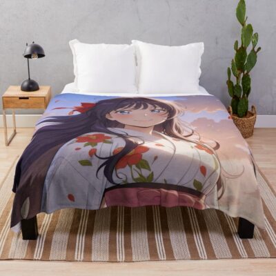 Fragrant Kaoruko Waguri Sunset Yukata Waifu Serenity Throw Blanket